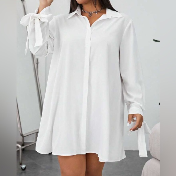 Classic elegant Plus Size Tie knot Long Sleeve Button Down Shirt Dress White - Picture 1 of 9
